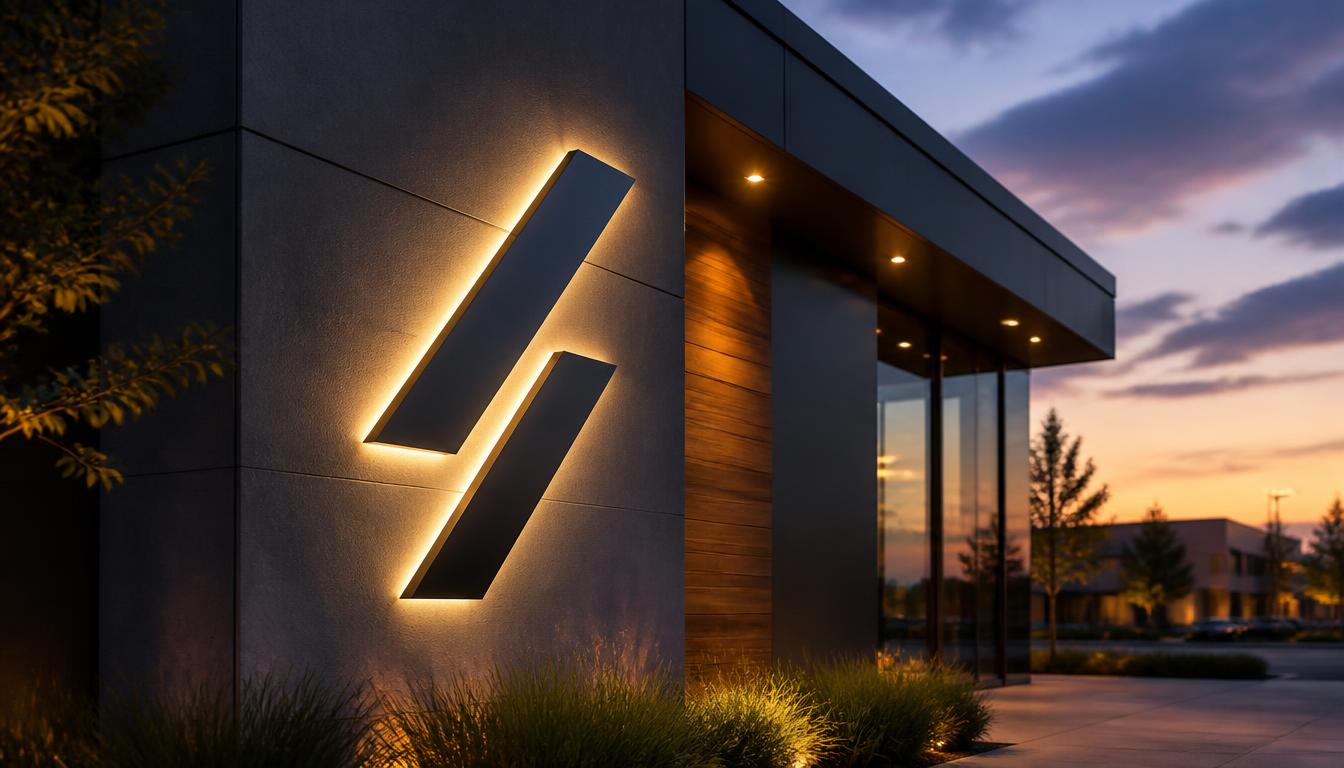 Custom illuminated hotel signage package installed at dusk