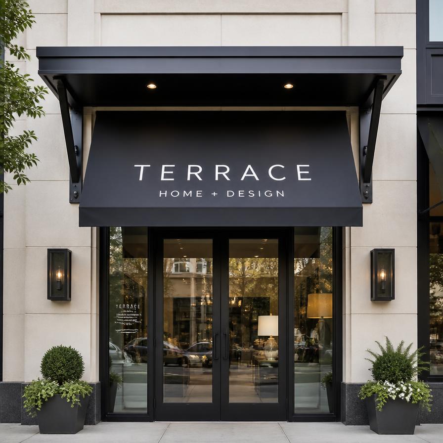 Commercial storefront awning and metal canopy over an entrance