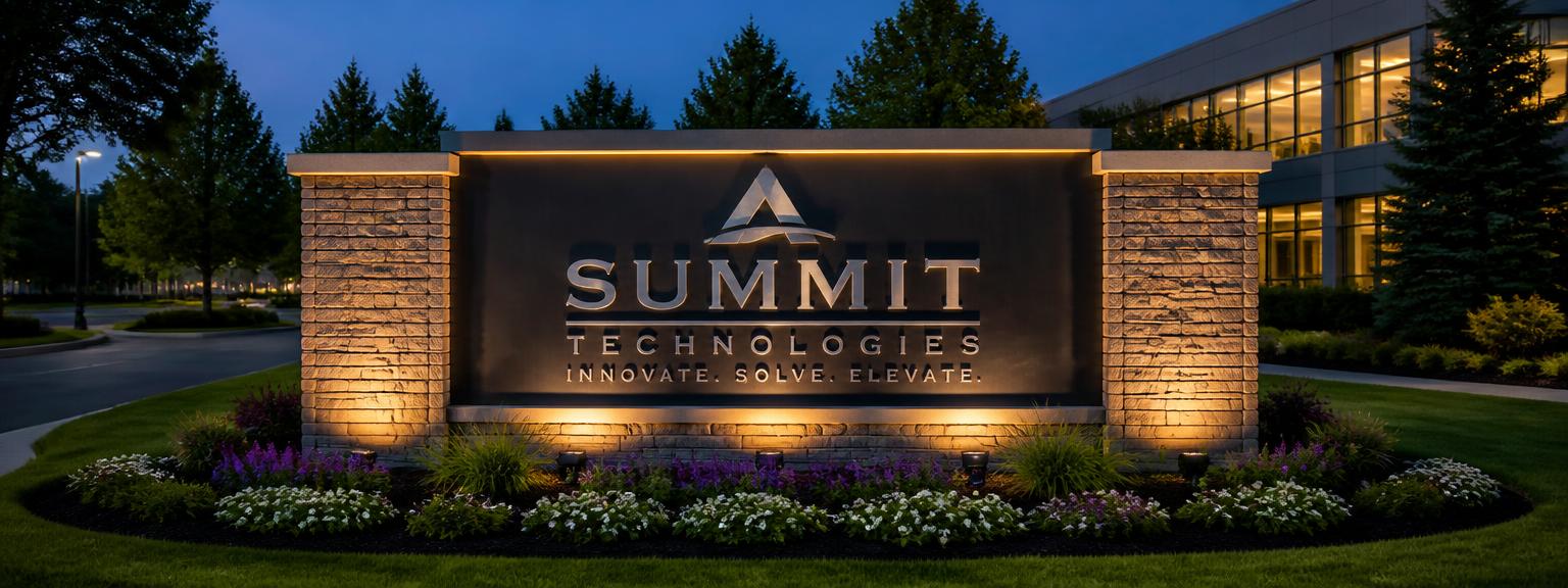 Illuminated stone monument sign at a corporate campus entrance