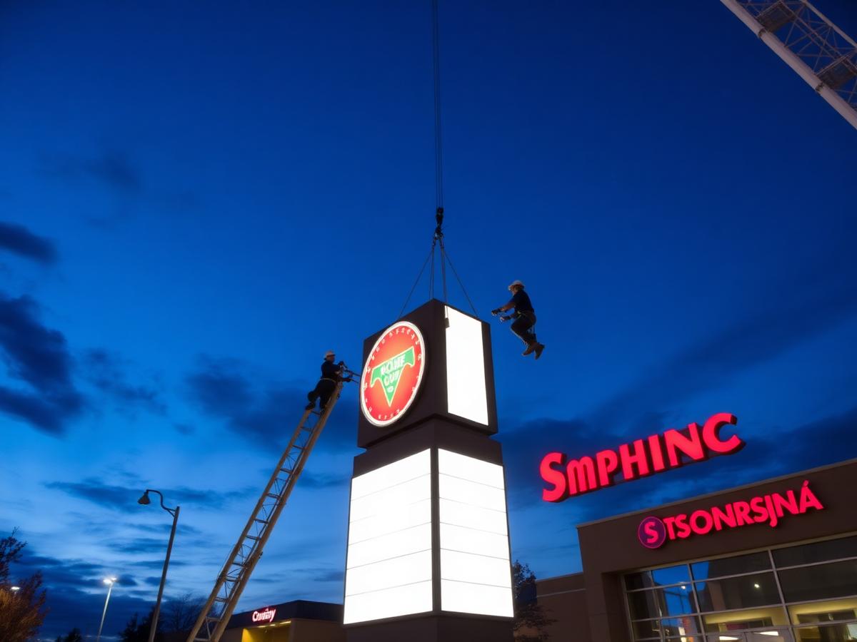 Crane crew installing an illuminated pylon sign at blue hour