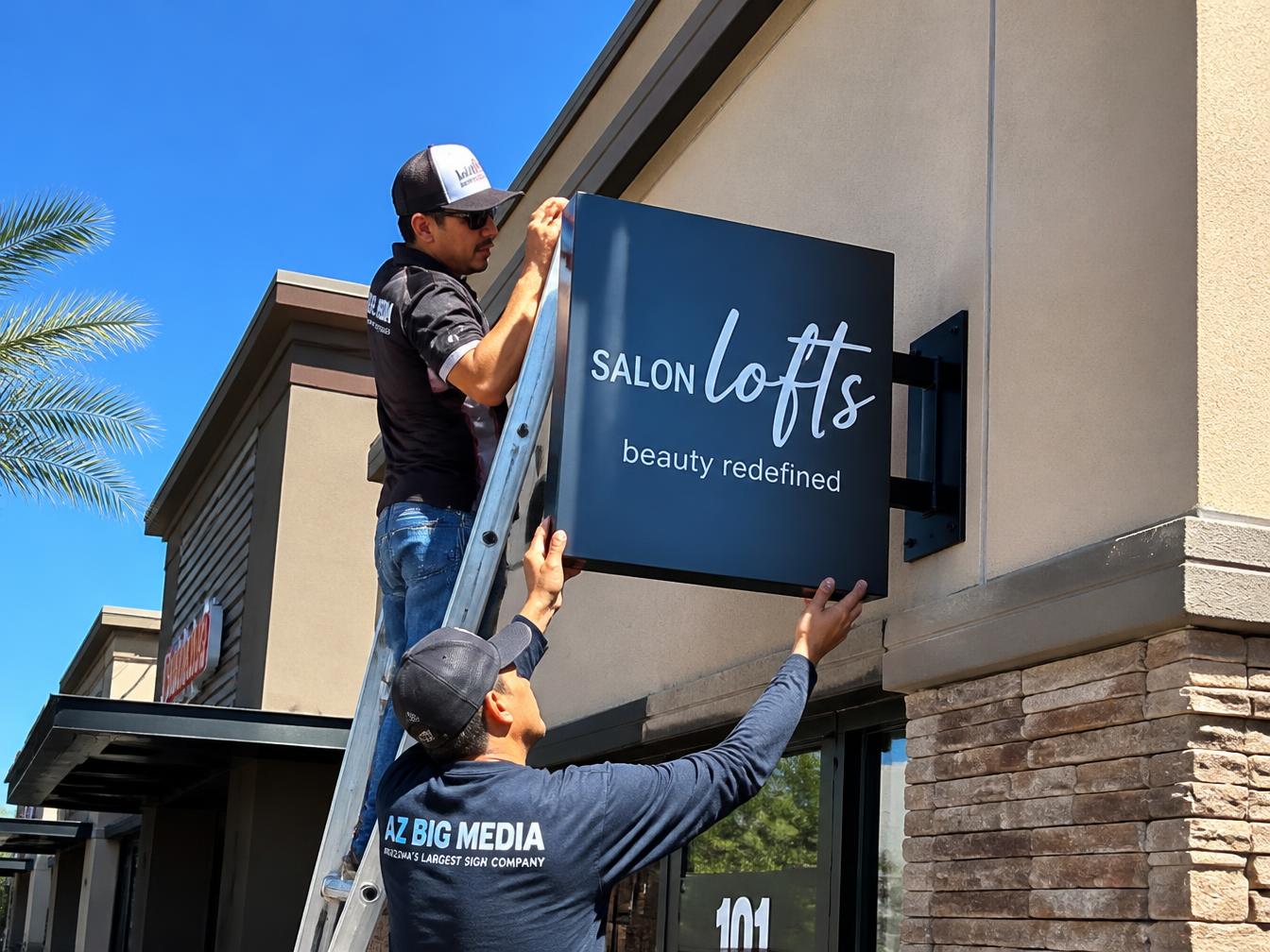 Crew installing a retail storefront blade sign
