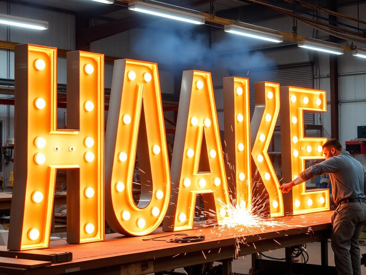 Fabricators assembling large custom channel letters in the shop